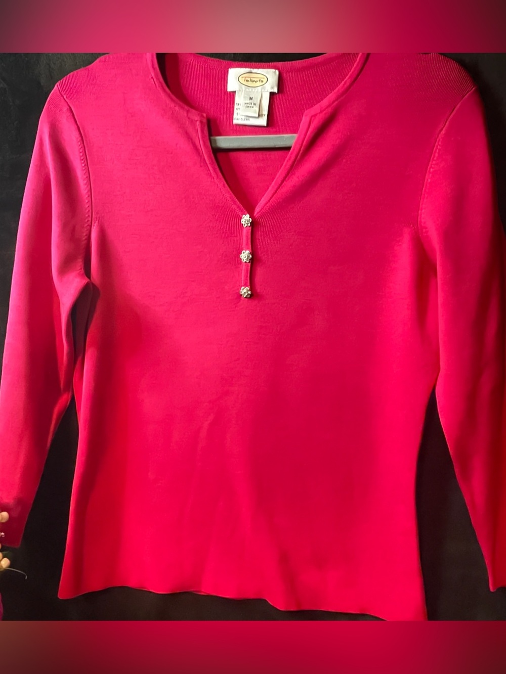 Vintage Talbots Deep Pink Knit V-neck thinly ribbed, rhinestone buttons (M)